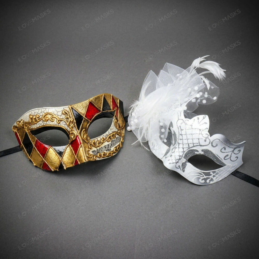 Venetian Harlequin White Feather Masquerade Halloween Party mask